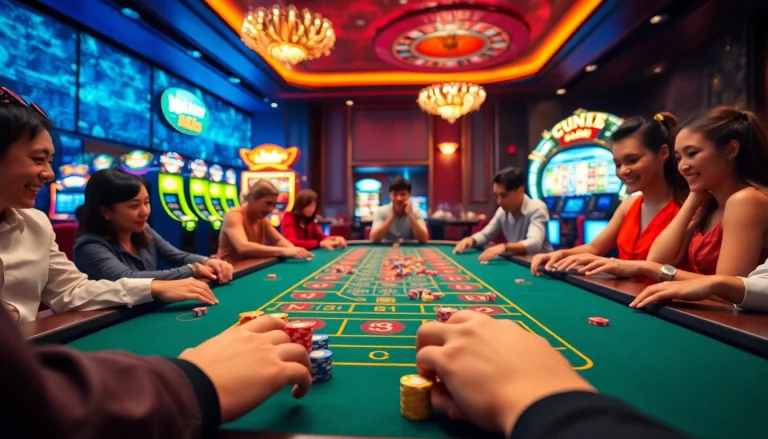 Players engaging in Tài Xỉu MD5 at a vibrant casino table, showcasing excitement and strategy.