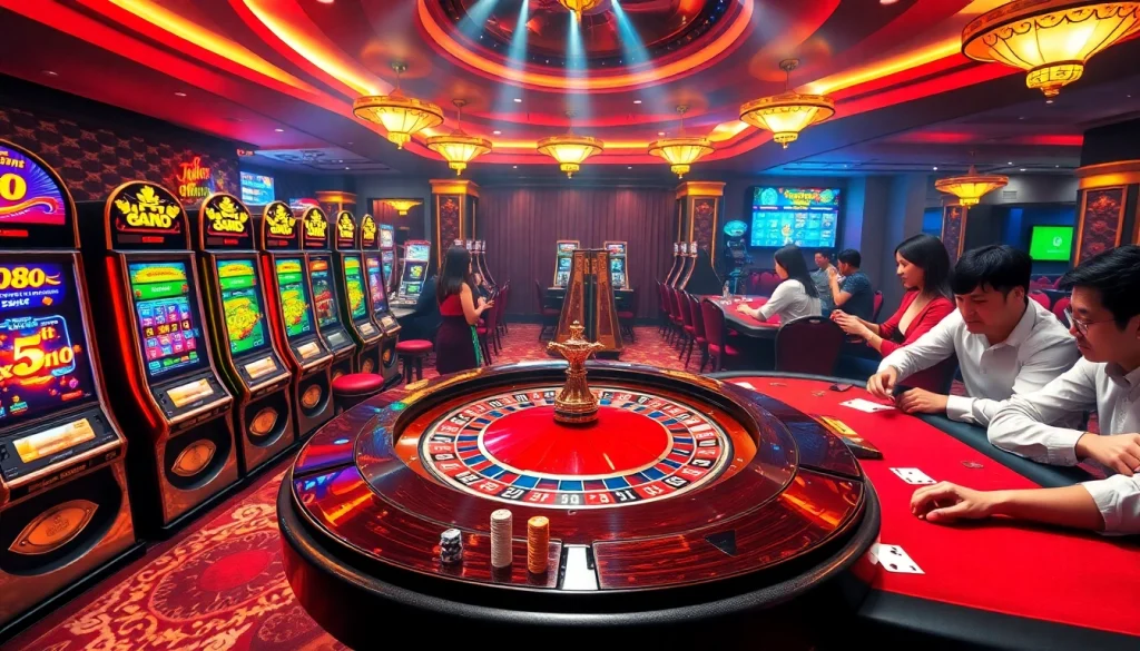 Excited players gambling at roulette and slot machines at af88 com casino.