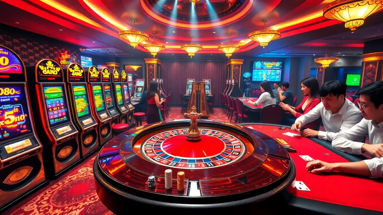 Excited players gambling at roulette and slot machines at af88 com casino.