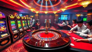 Excited players gambling at roulette and slot machines at af88 com casino.