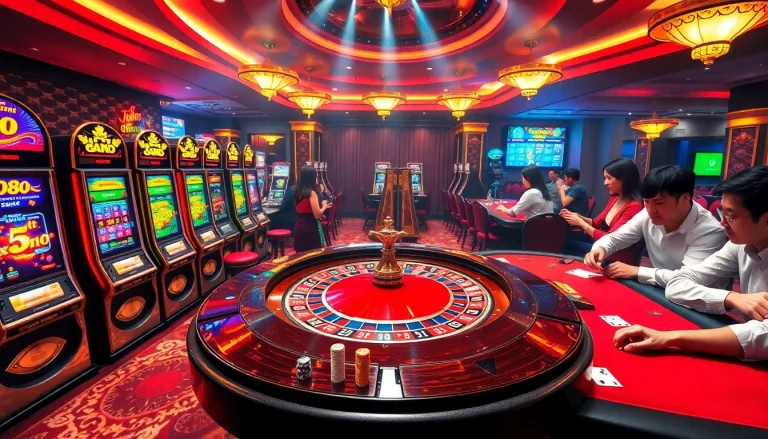 Excited players gambling at roulette and slot machines at af88 com casino.