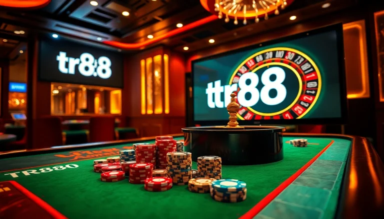 Engaging scene at a luxurious casino table featuring tr88-themed poker chips and cards.