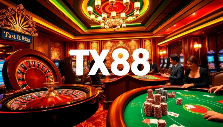TX88 casino scene showcasing players at roulette and poker tables, embodying luxury and excitement.