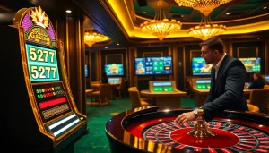 Excited player bets on roulette at a luxurious casino showcasing 5z777.
