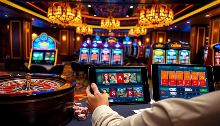 Experience thrilling games at cm88 with a vibrant casino setup featuring roulette wheels and poker chips.