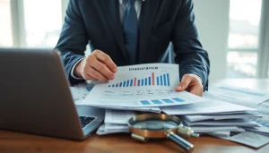 Conducting insurance fraud investigations with a professional examining documents and digital data.