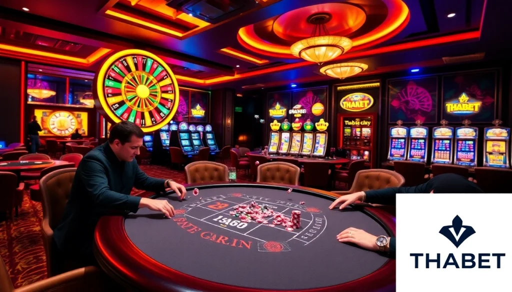 Action-packed table games at THABET showcasing poker players and a roulette wheel.