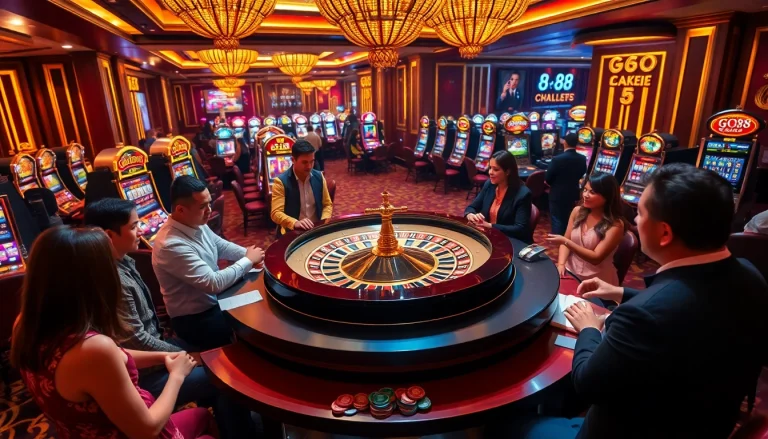 Players engaging at a roulette table in a luxurious casino, promoting the excitement of go 88 gambling.
