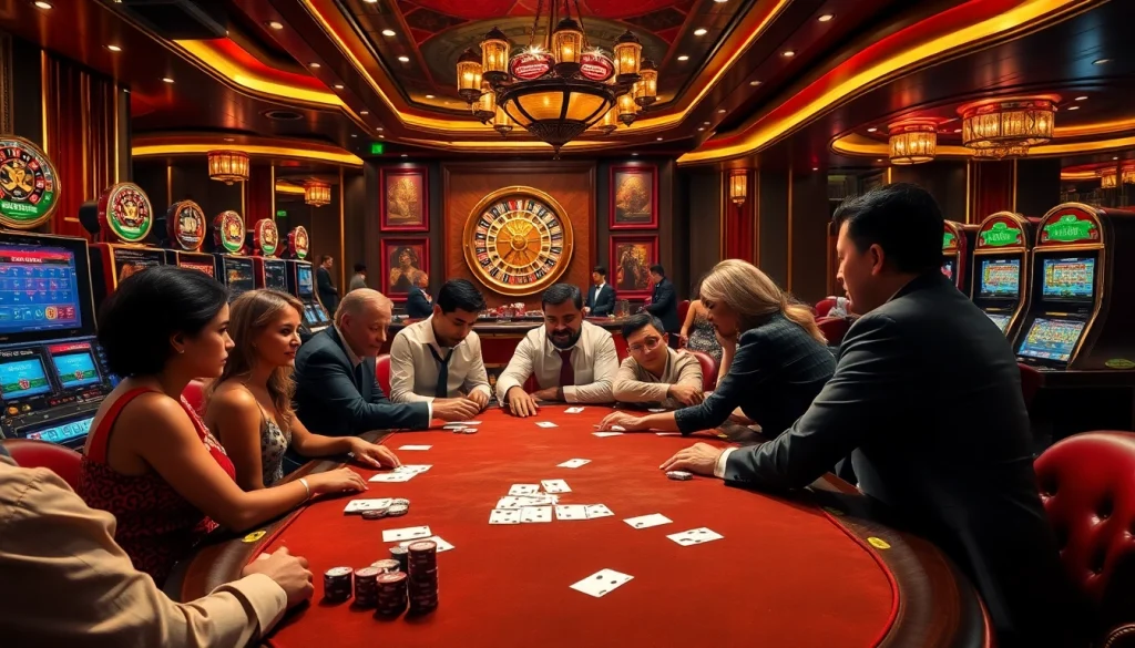 Engage in a thrilling poker game at https://v188v.net/ with vibrant casino elements and sophisticated ambiance.