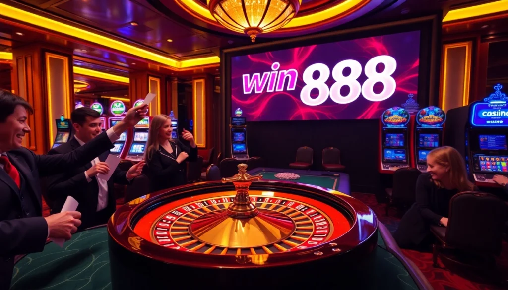 Experience the thrill of win 888 casino with a vibrant scene of players at a roulette table.
