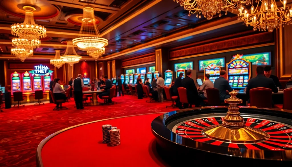 THA BET showcasing a luxurious casino scene with poker chips and a spinning roulette wheel.