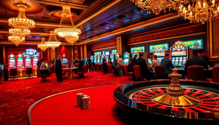 THA BET showcasing a luxurious casino scene with poker chips and a spinning roulette wheel.