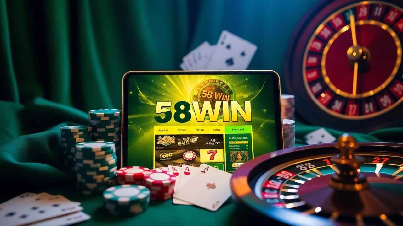 Engaging scene of online gamblers accessing 58win com đăng nhập on a modern device amidst casino elements, emphasizing excitement.