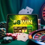 Engaging scene of online gamblers accessing 58win com đăng nhập on a modern device amidst casino elements, emphasizing excitement.