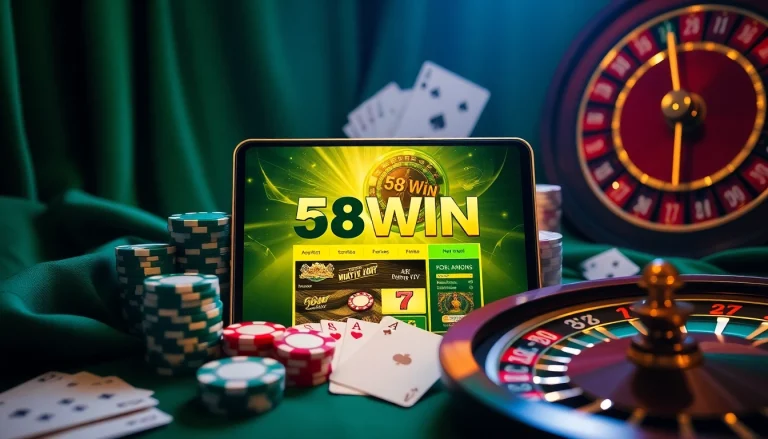 Engaging scene of online gamblers accessing 58win com đăng nhập on a modern device amidst casino elements, emphasizing excitement.
