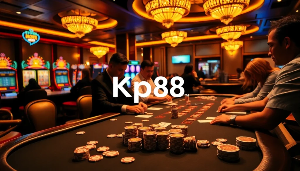 Engaging players at a high-stakes poker table featuring Kp88 betting chips and vibrant casino ambiance.