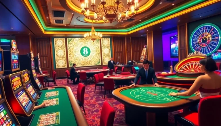 Players engaging in thrilling games at Luck8's luxurious online casino, featuring vibrant table setups and dealers.