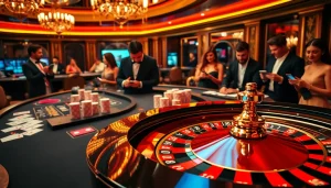 Nisantasi university apply scenario depicting gamblers at a luxurious casino table with poker chips and cards.