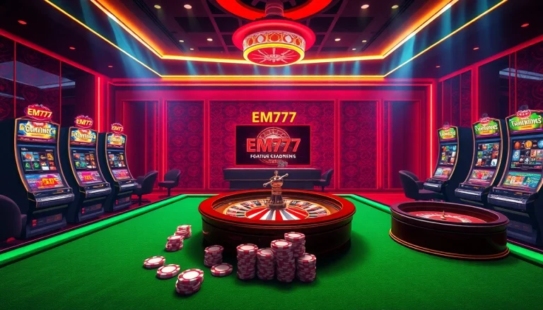 Experience thrilling gaming with EM777's online betting platform showcasing vibrant tables and slots.