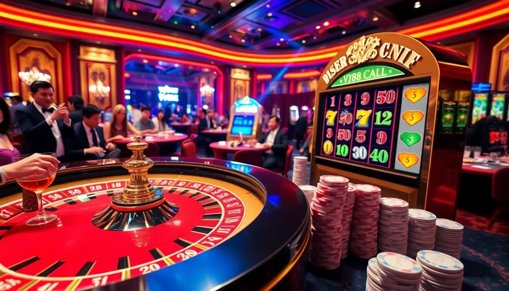 Experience thrilling bets at the luxurious VJ88 casino table with poker chips and roulette.