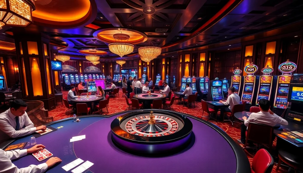 KJC casino scene featuring vibrant poker tables, roulette wheel, and dynamic slot machines.