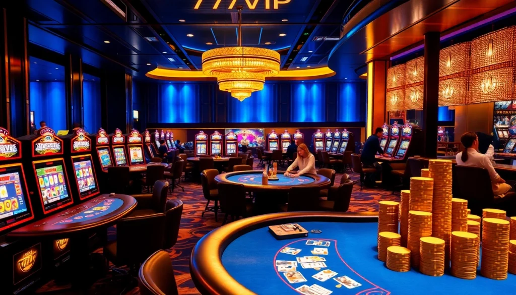 Experience the excitement of 777VIP with vibrant casino tables and slot machines.