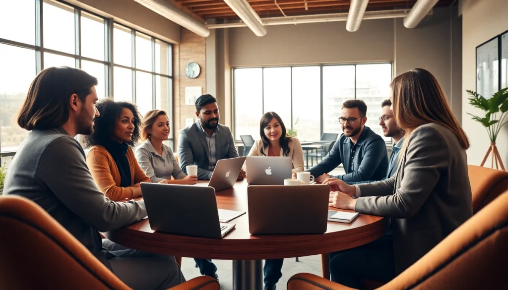 Engaging scene showing a marketing and consultancy team brainstorming in an office setting.