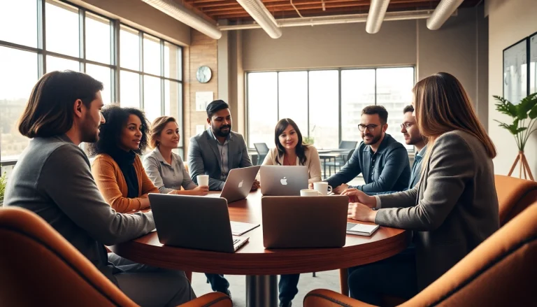 Engaging scene showing a marketing and consultancy team brainstorming in an office setting.