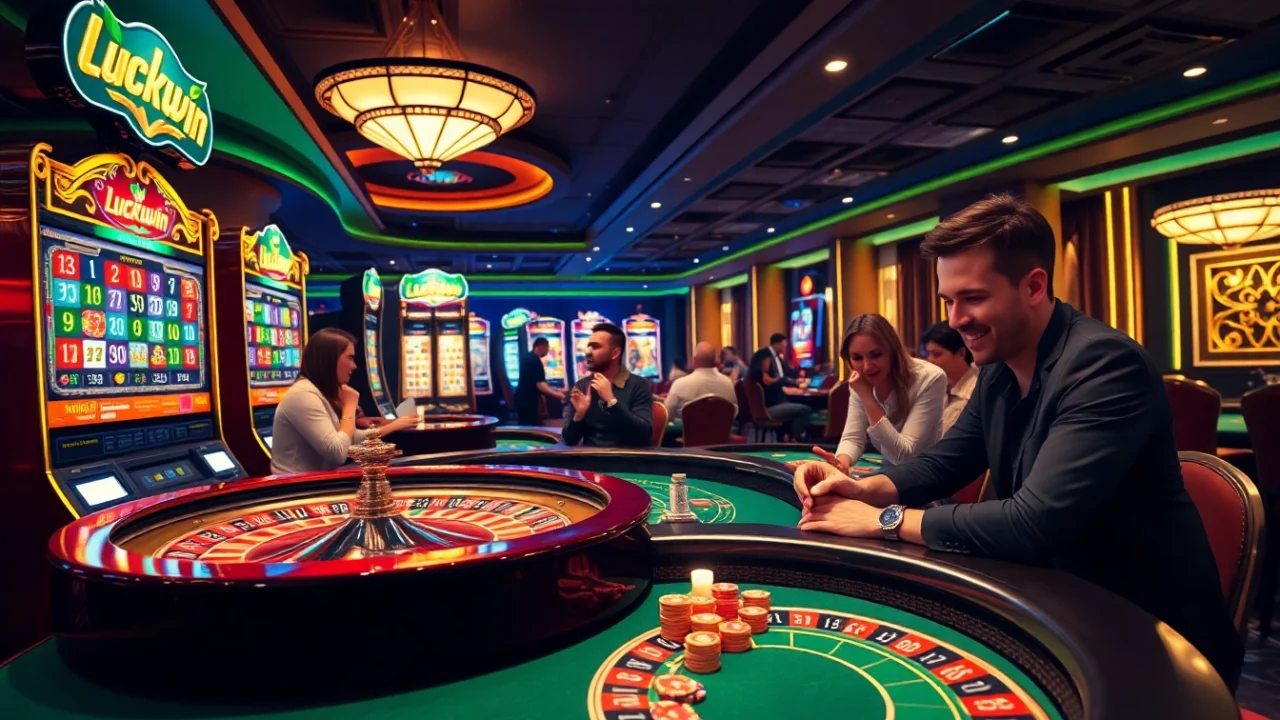 Exciting gameplay at Luckywin login, featuring vibrant casino elements like slots and a roulette wheel.