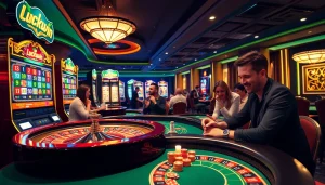 Exciting gameplay at Luckywin login, featuring vibrant casino elements like slots and a roulette wheel.