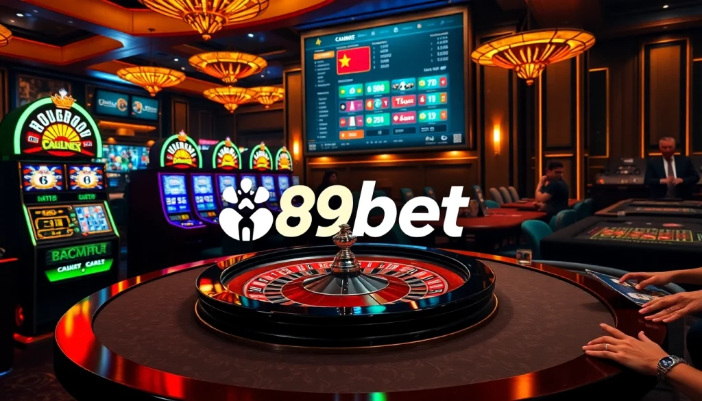 Players enjoy thrilling games at 89bet, featuring roulette, slots, and blackjack in a vibrant casino.