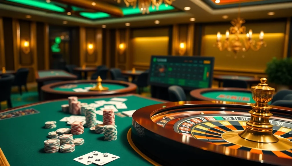 Experience thrilling games and luxury at https://jun88pl.com/ with poker chips and roulette wheel.