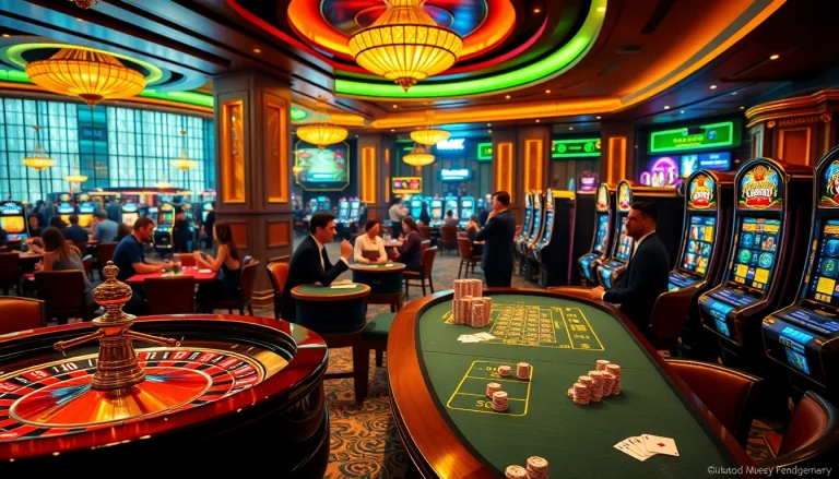 Players enjoy thrilling games at 8kbet's luxurious casino, featuring tables, cards, and excitement.