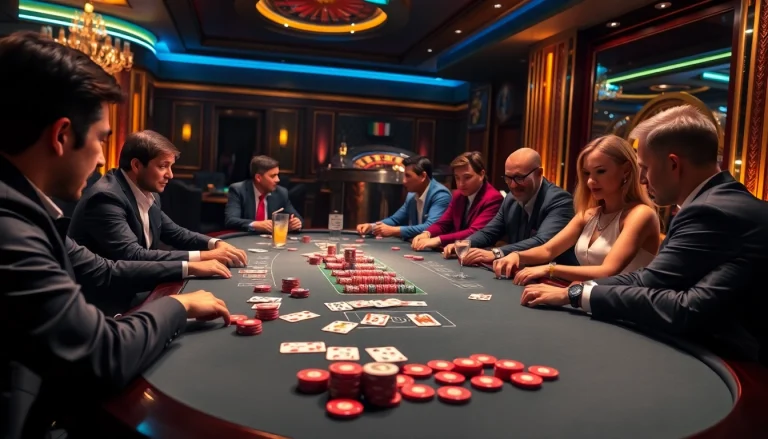 Players enjoying a thrilling poker game at a vibrant casino table, with a touch of https://s8limited.com/ branding.