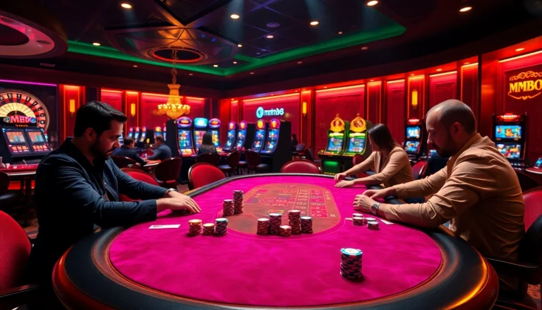 Experience the thrill of gambling at mm88 with players at an immersive casino table.