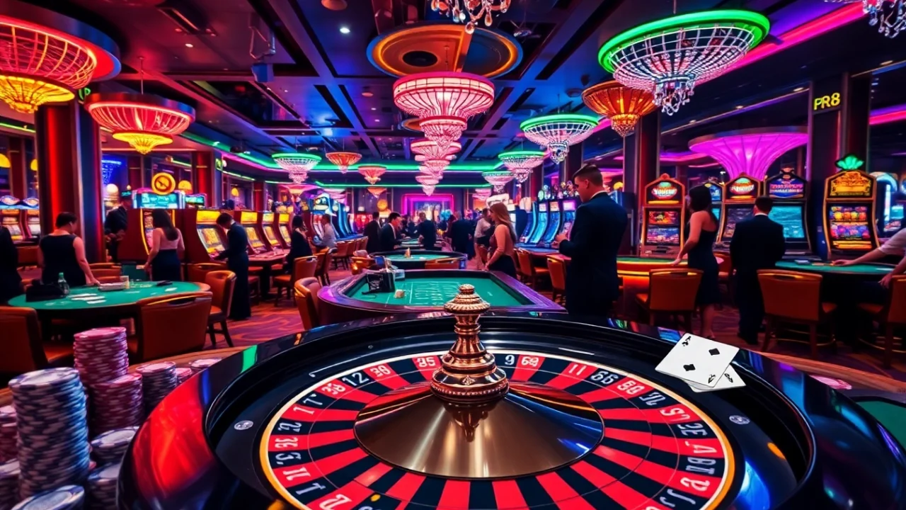 Gambling scene capturing kp88 excitement at a luxurious casino with players at roulette and poker.