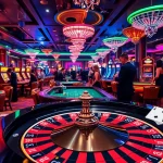 Gambling scene capturing kp88 excitement at a luxurious casino with players at roulette and poker.