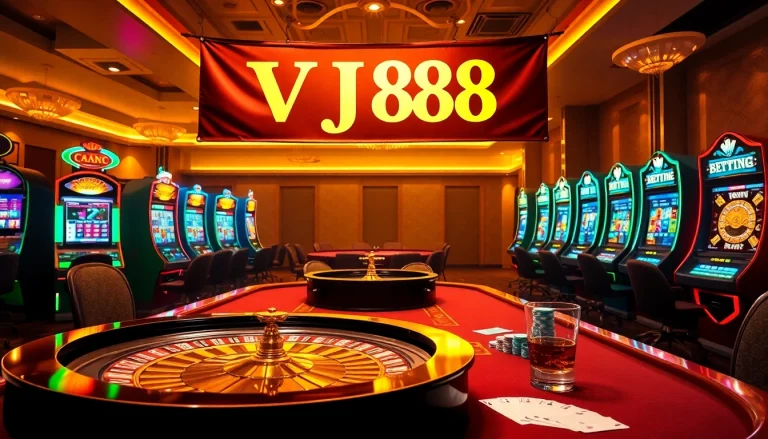 Experience thrilling gameplay at VJ88 casino with vibrant tables and iconic slot machines.