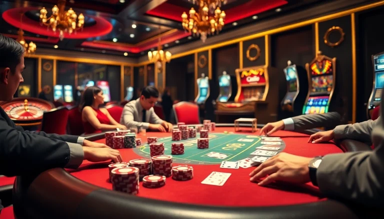 Players enjoying the poker experience on ok789 com in a luxurious casino setting.