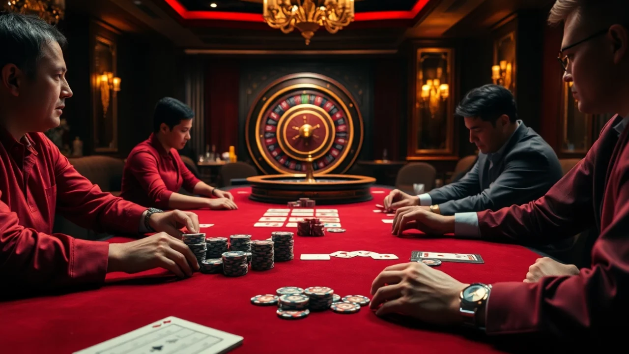 Engaging poker scene at https://rr8888.in.net/ with players focused, chips, and roulette wheel