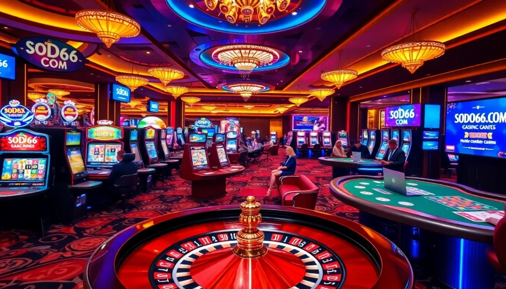 Engaged players enjoy games at SODO66.COM, showcasing a vibrant casino atmosphere with roulette and poker tables.