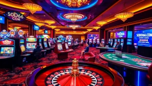 Engaged players enjoy games at SODO66.COM, showcasing a vibrant casino atmosphere with roulette and poker tables.