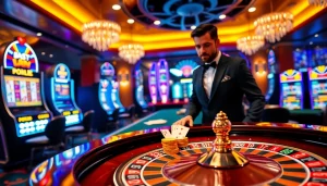 Experience the thrill of high-stakes gaming at 8kbet com with a vibrant casino backdrop.