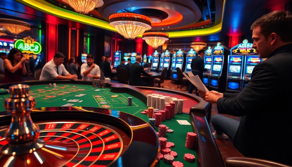 Engaging gamblers at the ABC8 casino's poker table with vibrant chips and roulette.