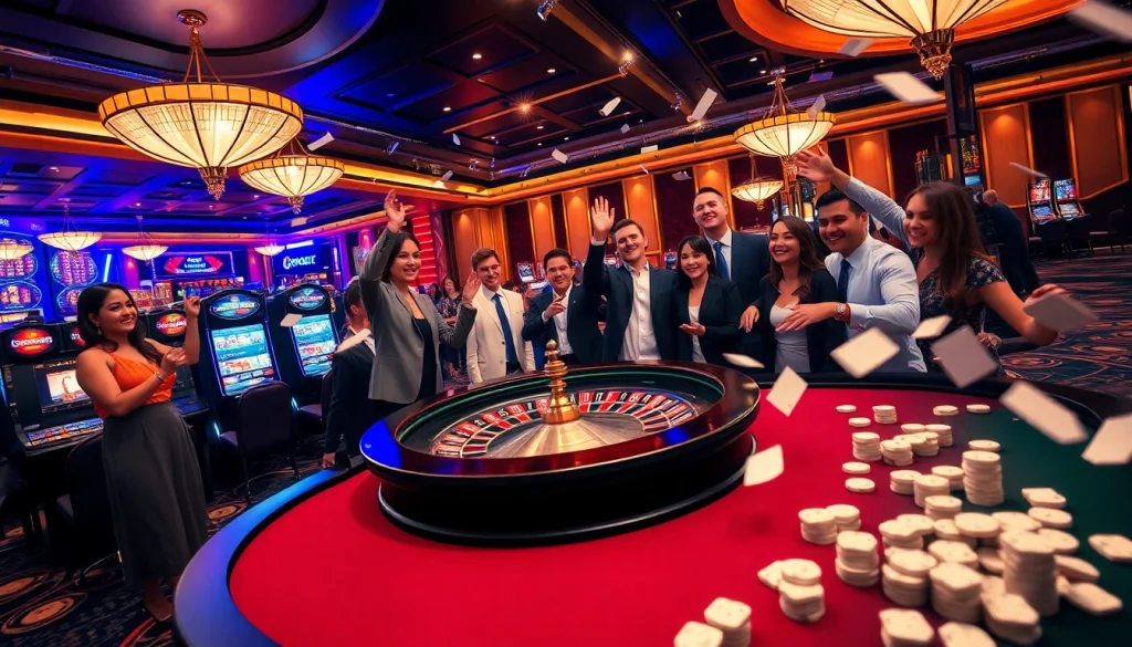 EE88 casino gamblers enjoying a thrilling game at a roulette table surrounded by slot machines.