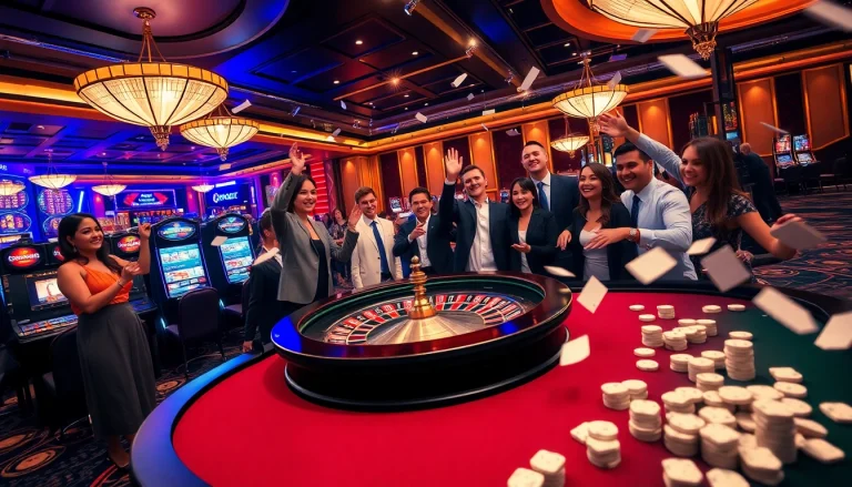EE88 casino gamblers enjoying a thrilling game at a roulette table surrounded by slot machines.