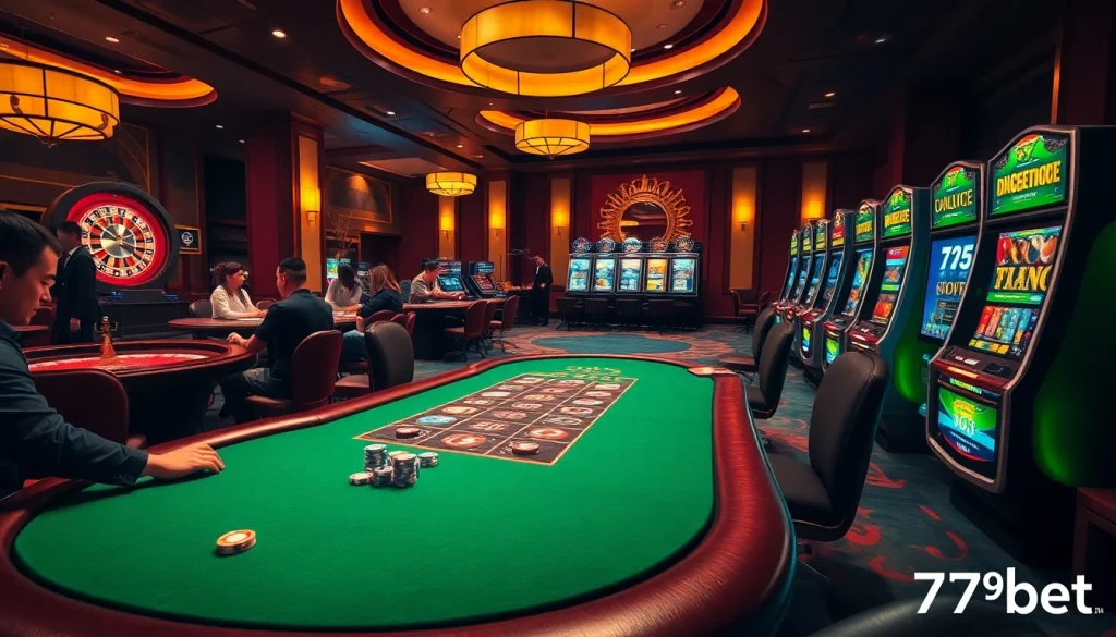 Action-packed gambling scene at 789bet's luxurious casino, featuring poker, roulette, and slot machines.