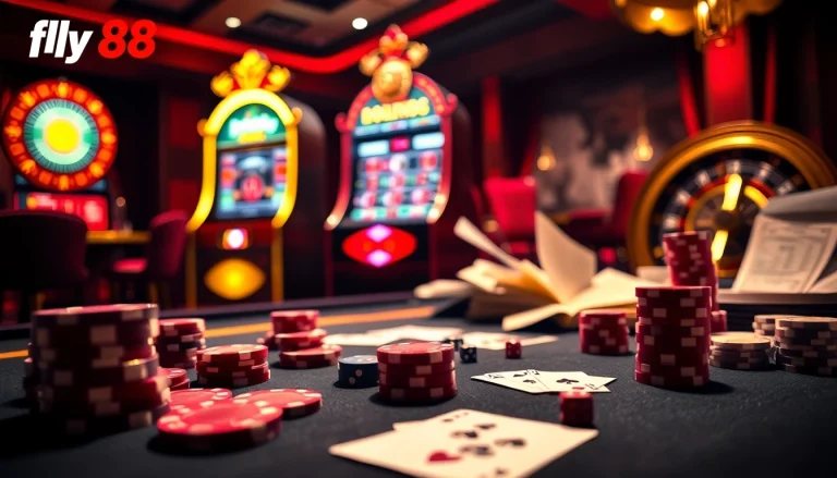 Experience the thrill of the fly88 casino with luxurious gaming tables and vibrant slot machines.