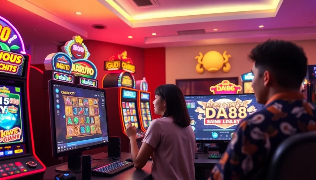 DA88 gaming platform showcasing colorful slot machines and a user-friendly interface in an inviting atmosphere.