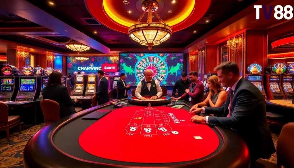 Players enjoying a thrilling game at TV88 casino, featuring vibrant tables and lively atmosphere.